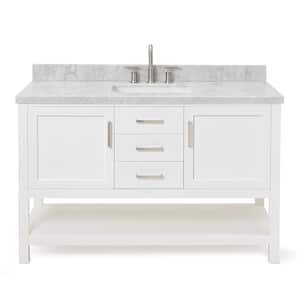 Bayhill 55 in. W x 22 in. D x 36 in. H Bath Vanity in White with Carrara White Marble Top