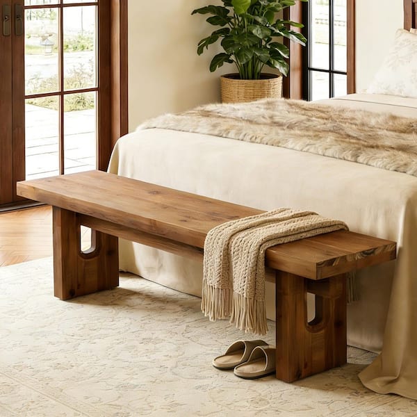 Brenan 63 in. Solid Wood Brown Rectangal Dining Bench, Farmhouse Entryway Bench, Open Back End of Bed Indoor Seating