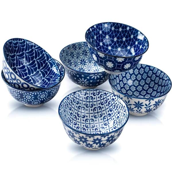 Blue and White Porcelain Dessert Bowls 10 fl. oz. Qinghua Pattern Microwave Safe Dinnerware (Set of 6)