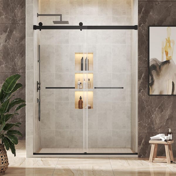 44-48 in. W x 76 in. H Double Sliding Frameless Shower Door in Matte Black Finish with SGCC Certification Clear Glass