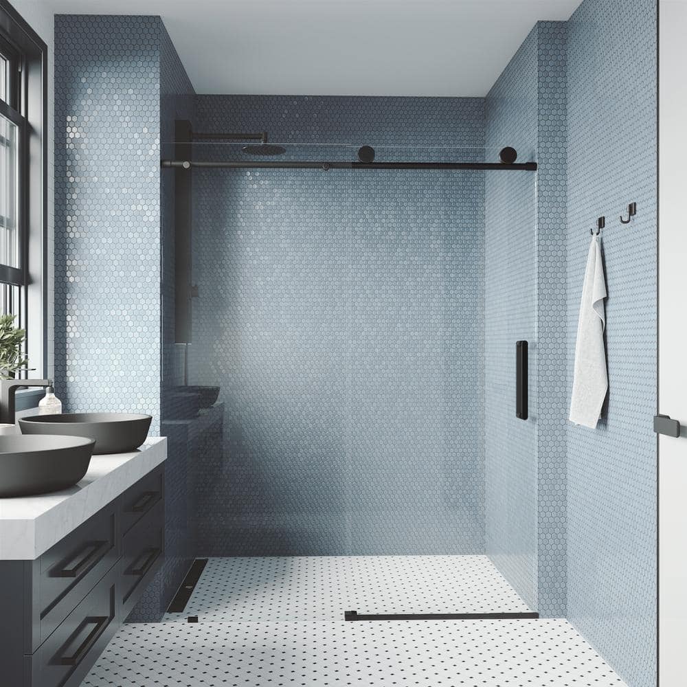 Elan Matte Black Frameless Sliding Shower Door with Clear Glass