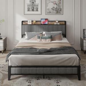Light Gray Metal Frame Upholstered Headboard Full Platform Bed with with Charging Station