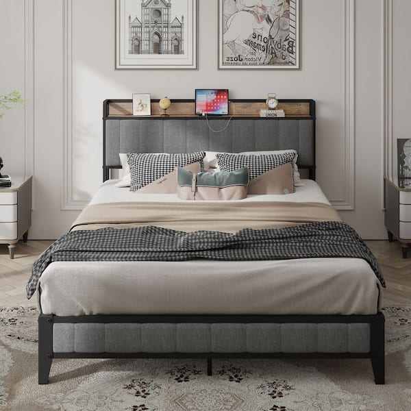 HOMEFUN Light Gray Metal Frame Upholstered Headboard Full Platform Bed with with Charging Station