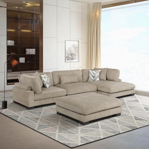 Lazzara Beane 135 in. Pillow Top Arm 4-Piece Textured Microfiber Modular Sectional Sofa in. Brown with Chaise and Ottoman