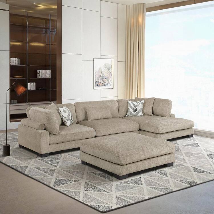 Lazzara Beane 135 in. Pillow Top Arm 4-Piece Textured Microfiber Modular Sectional Sofa in. Brown with Chaise and Ottoman