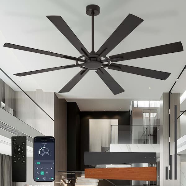 72 in. Blown Brushed Walnut 8 Blade Downrod Mount Large Ceiling Fans with No Light Included Remote APP Control Timer