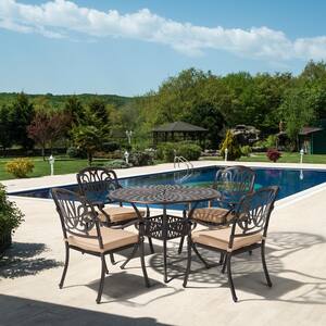 Classic Dark Brown 5-Piece Cast Aluminum Outdoor Dining Set with Round Table and Stackable Chairs khaki Cushions