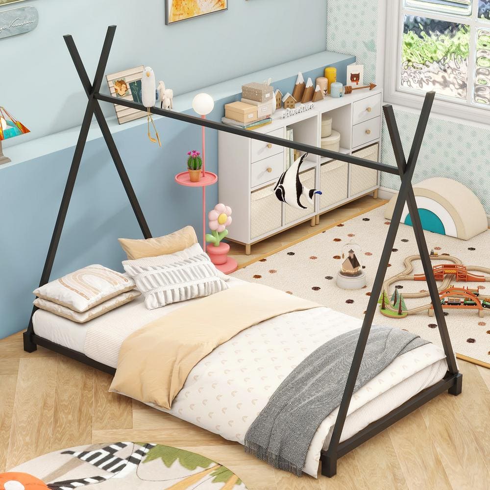 Harper & Bright Designs Black Metal Twin Size House Platform Bed with Triangle Structure and X