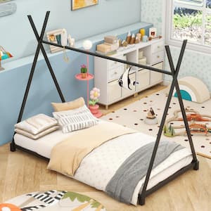 Black Metal Twin Size House Platform Bed with Triangle Structure and X-Shaped Safety Railings