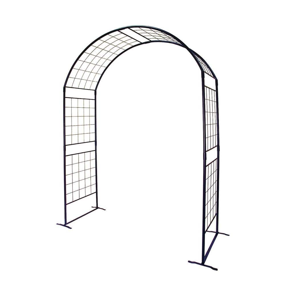 ACHLA DESIGNS Elegant Handcrafted Monet II Garden Arbor, 114.5 in. Tall Graphite Powder Coated Finish, Black Create an elegant garden entrance with an ACHLA Designs handcrafted wrought iron arbor. A wide variety of sizes and decorative styles are offered to fit every garden. The Monet Arbor comes in two sizes, both providing simple and sturdy support for your climbing arch of blossoms. All of our arbors stand tall enough to support climbing vines with ample room for passage beneath, and all are designed to ship flat and be easily erected without tools. Four spiked stakes are included for in-ground installation. Feet are available for use on patios and other hard surfaces. Color: Black.