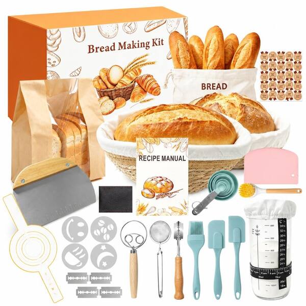 Sourdough Bread Baking Kit with Round and Bread Proofing Basket, Starter Jar, Dough Whisk and Recipe Guide