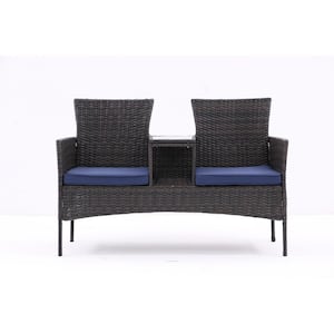 Brown Wicker Patio Outdoor Conversation Conversation Set with Blue Cushions, 1 Built-in Coffee Table