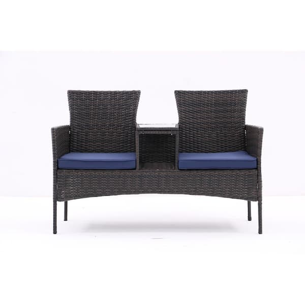 Zeus & Ruta Brown Wicker Patio Outdoor Conversation Conversation Set with Blue Cushions, 1 Built-in Coffee Table
