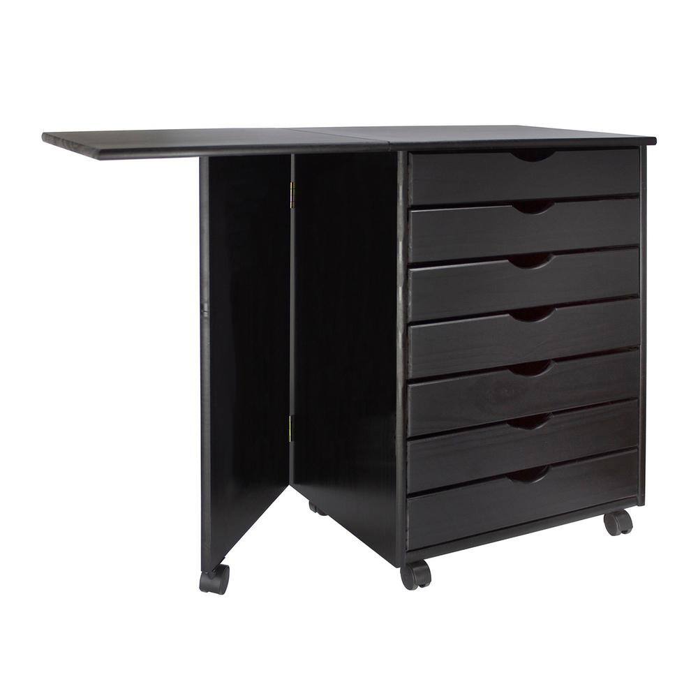 Black Solid Wood 7-Drawer Drop Leaf Roll Cart Desk