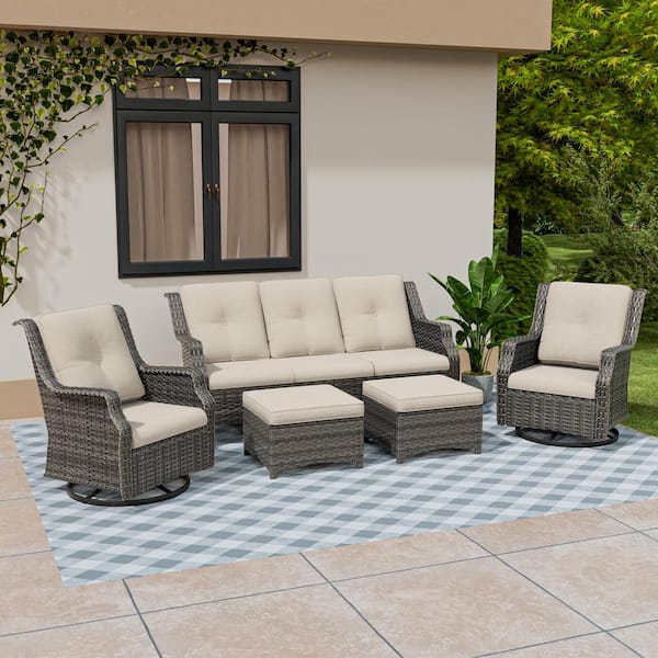 5-Piece Wicker Extra-Wide Arm Outdoor Patio Conversation Sofa Set with Beige Cushions
