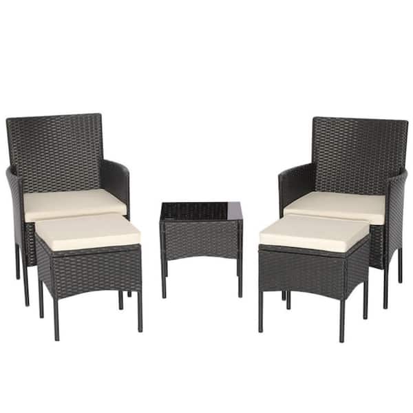 Kadehome 5-Piece Wicker Patio Conversation Set with Off White Cushions