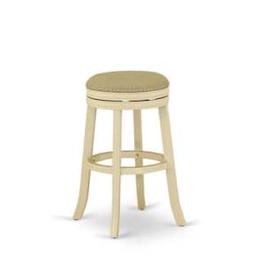 30 in. H Linen White Counter Height Wooden Barstool Round Shape with PU Leather Upholstered Bar Height