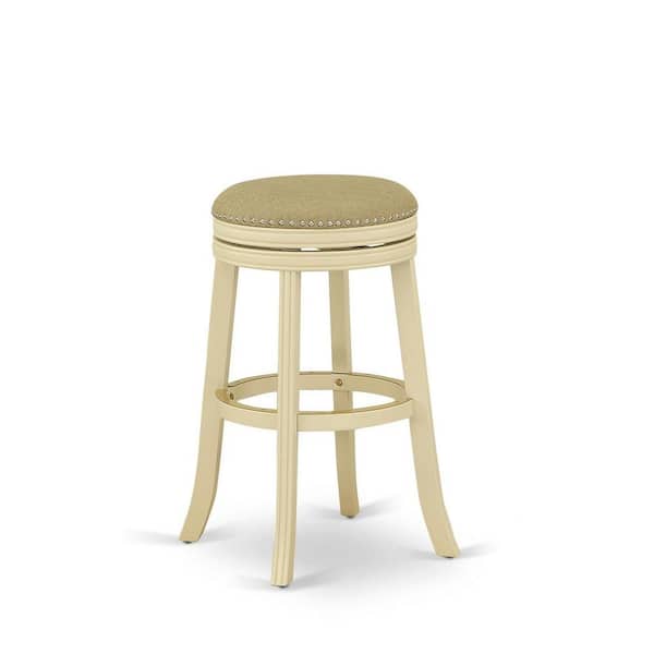 HOME IMPORTS EMPORIUM 30 in. H Linen White Counter Height Wooden Barstool Round Shape with PU Leather Upholstered Bar Height