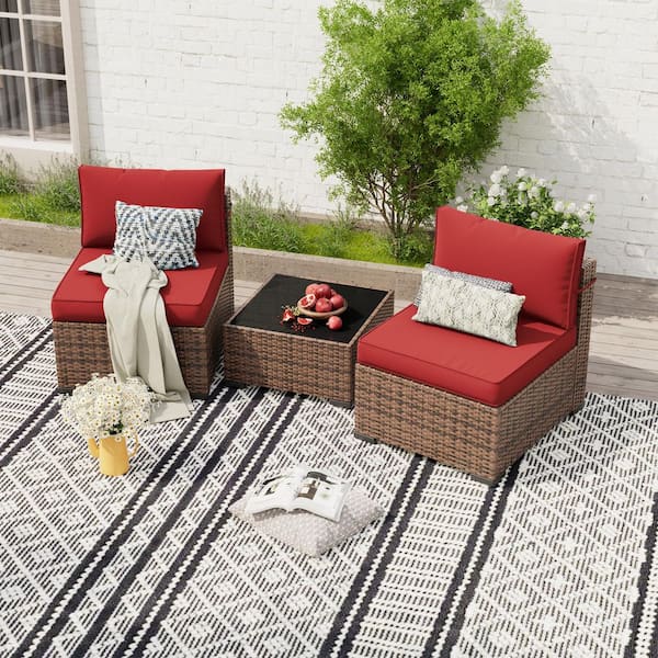 Poteban 3-Piece Wicker Patio Conversation Set with 4 in. D Cooling Burgundy Cushions