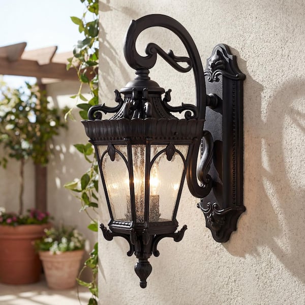 Tournai 3-Light Textured Black Outdoor Hardwired Wall Lantern Sconce with No Bulbs Included (1-Pack)