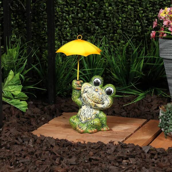 Alpine Corporation Sitting Jolly Frog with Yellow Umbrella Statue