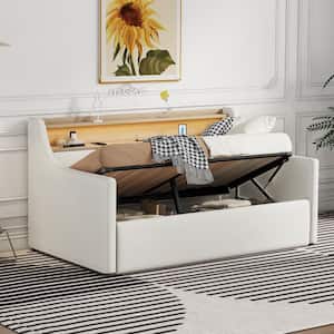 White Twin Size PU Upholstered Daybed with Hydraulic Lift Up Storage, USB Charging, LED Lights, Shelves, Nailhead Trim