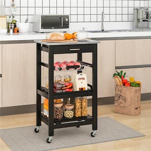 Black Compact Island Kitchen Cart Rolling Service Trolley with Stainless Steel Top Basket