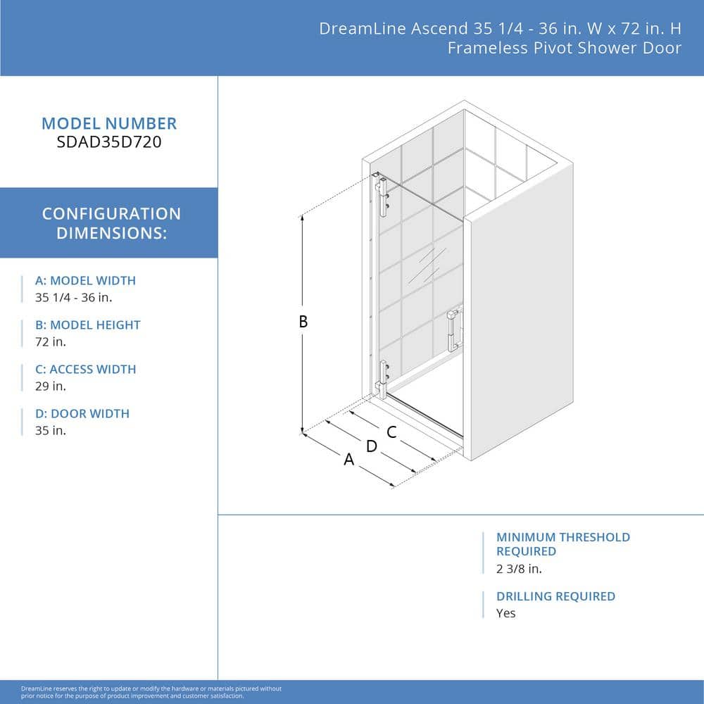 Ascend Frameless Clear Glass Pivot Shower Door with Black Hardware