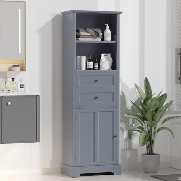 EPOWP 22.24 in. W x 11.81 in. D x 66.14 in. H Grey Tall Linen Cabinet with 2-Drawers and Adjustable Shelf