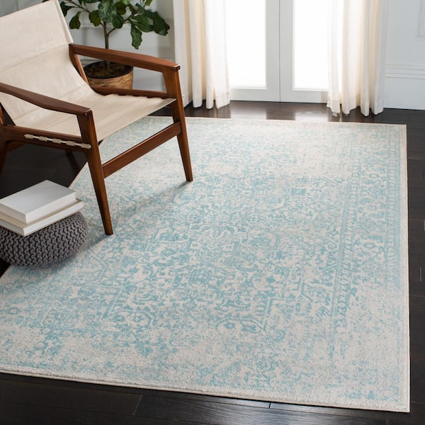 Evoke Ivory/Aqua  3 ft. x 3 ft. Distressed Border Medallion Square Area Rug