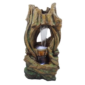 40 in. Open Tree Trunk Waterfall Fountain with Cool White LED Lights