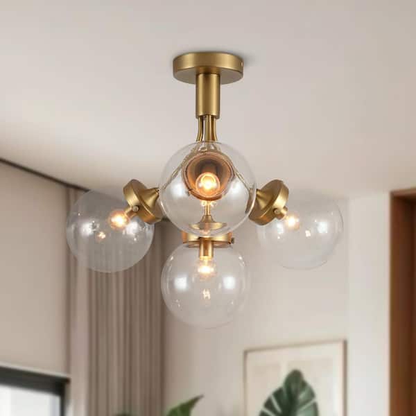 HUOKU Cielo 4-Light 21.7 in. W Brushed Gold Semi-Flush Mount Modern Chandelier with Clear Glass Shades Hallway Ceiling Light