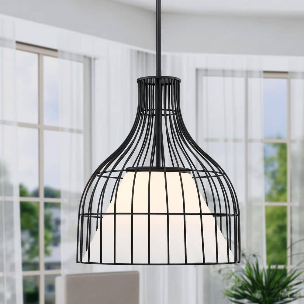 Evensong 60-Watt 1-Light Matte Black Bell Pendant with Etched Opal Glass Shade and Metal Outer Cage price history on PriceWatchPro
