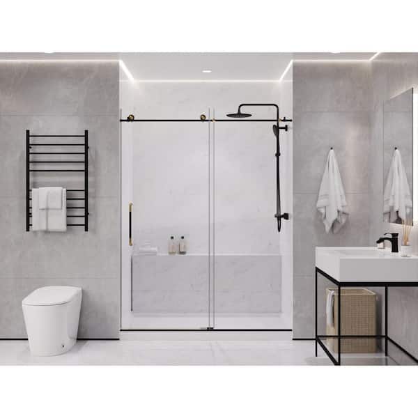 Madam Series 60 in. x 76 in. H Sliding Frameless Shower Door in Matte Black/Brushed Gold with Tsunami Guard Clear Glass