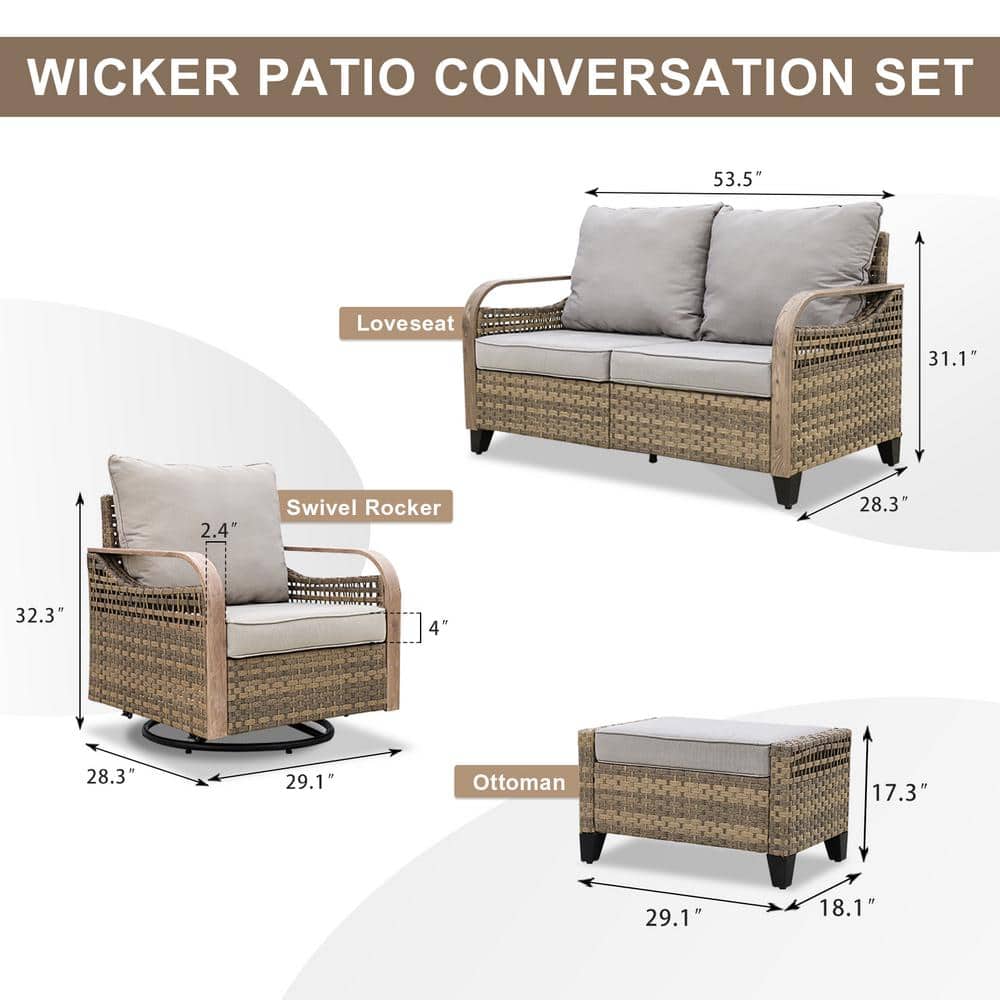 5-Piece Brown Wicker Outdoor Sofa Seating Group with Gray Cushions