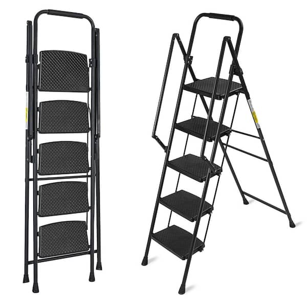 5-Step 5 ft ReachSteel Folding Ladder with Anti Slip Wide Pedals, with Safety Anti Slip Handle, Light-Weight 300 lbs.