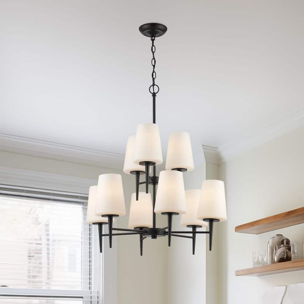 Horizon 9-Light Black Hanging Tiered Chandelier Light Fixture with Frosted Glass Shades price history on PriceWatchPro
