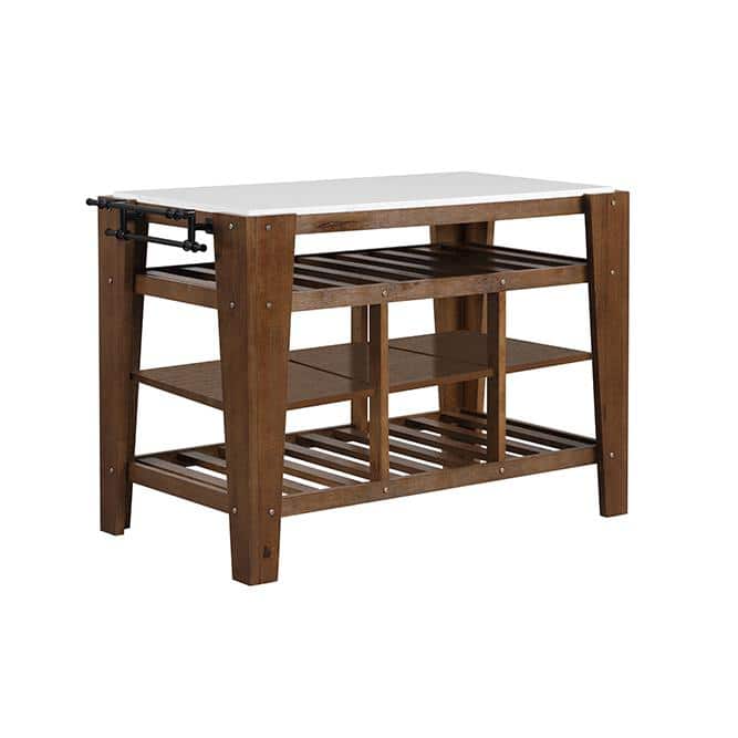 Rectangular Marble Top Kitchen Island with Shelves and Towel Rack