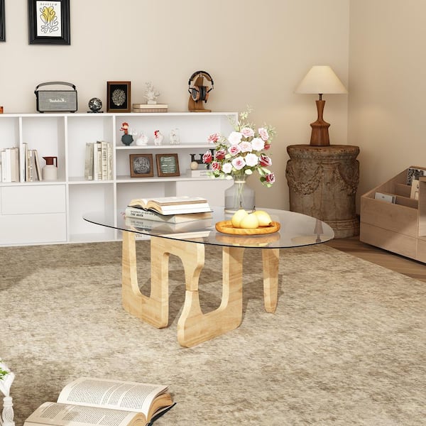 Homsee Log Color 45.3 in. W Glass & Wood Irregular Glass Design End Table with A High Quality Wooden Base