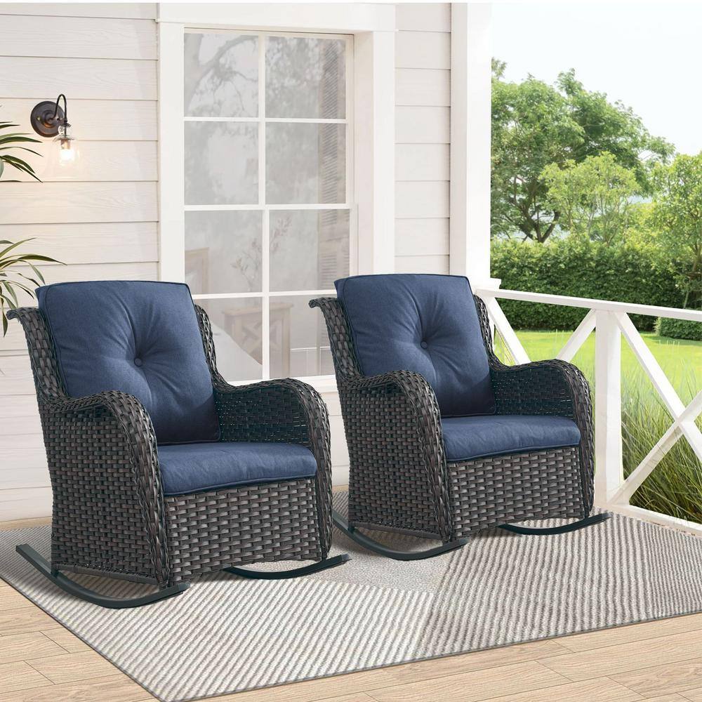 Gymojoy Carolina Brown Wicker Outdoor Rocking Chair with Blue Cushions ...