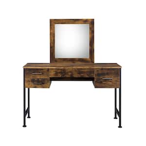 Juvanth Rustic Oak and Black Finish Vanity Desk and Mirror 53 in. x 18 in. x 47 in.