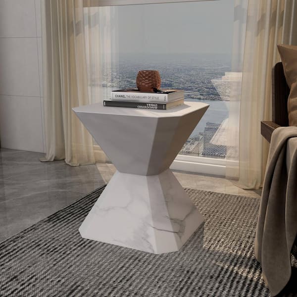 Azure Modern Side Table Round Fiberstone Minimalist Geometric Accent Table for Indoor and Outdoor in Marble White