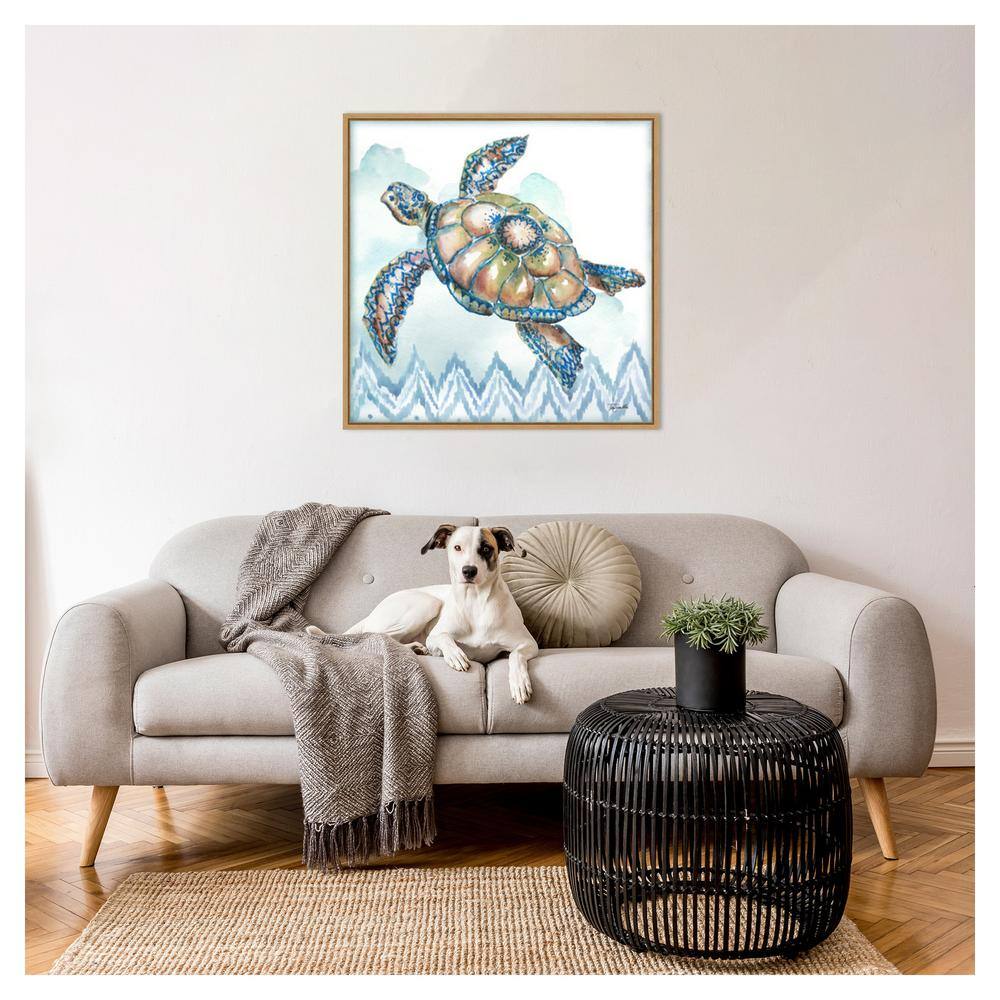 30"x30" Blue and Green Watercolor Sea Turtle Framed Canvas Wall Art