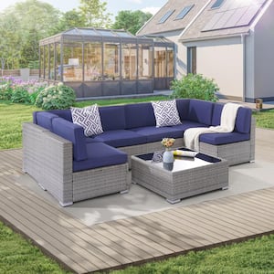 7-Pieces PE Rattan Wicker Outdoor Conversation Sofa Sets, Sectional Furniture Sofa Sets with Royal Blue Cushion