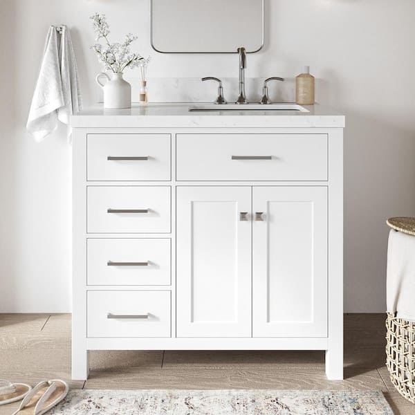 ARIEL Bristol 36.25 in. W x 22 in. D x 36 in. H Single Sink Freestanding Bath Vanity in White with Carrara White Quartz Top
