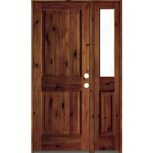 44 in. x 80 in. Knotty Alder Square Top Left-Hand/Inswing Clear Glass Red Chestnut Stain Wood Prehung Front Door w/RHSL