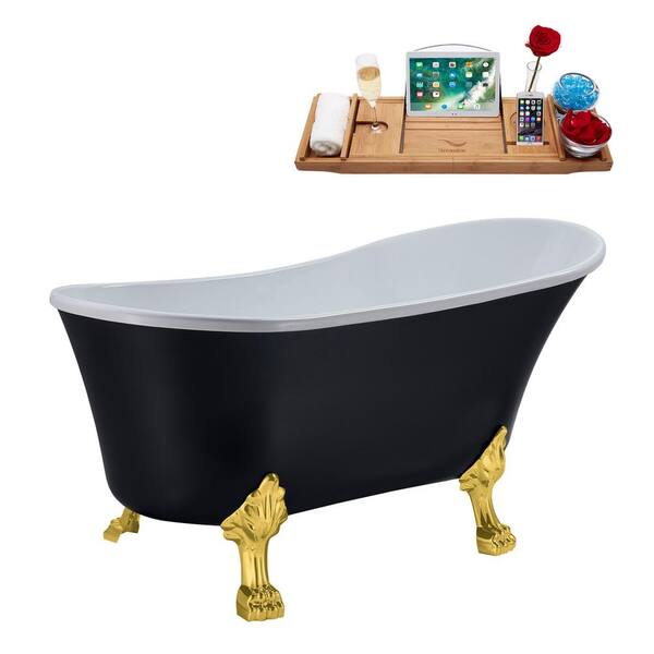 Dover 54 in. Heavy Duty Acrylic Slipper Clawfoot Bath Tub in White Faucet,  Claw Feet, Drain & Overflow in Polished Gold