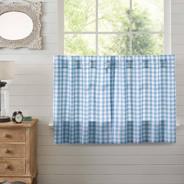 VHC BRANDS Annie Buffalo Check 36 in. W x 36 in. L Farmhouse Tier Window Panel in Dusk Blue Soft White Pair