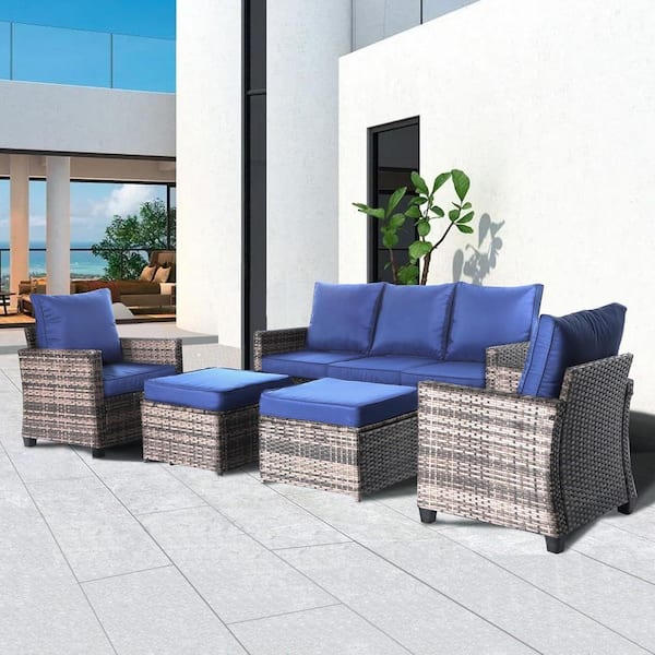 5 Piece Wicker Patio Conversation Set with Thick Cushions and Backrest, Blue