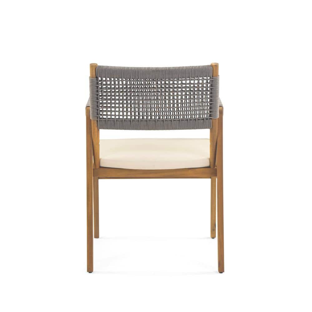 Gray Rope Woven Acacia Wood Dining Chairs with Cushions, Set of 2